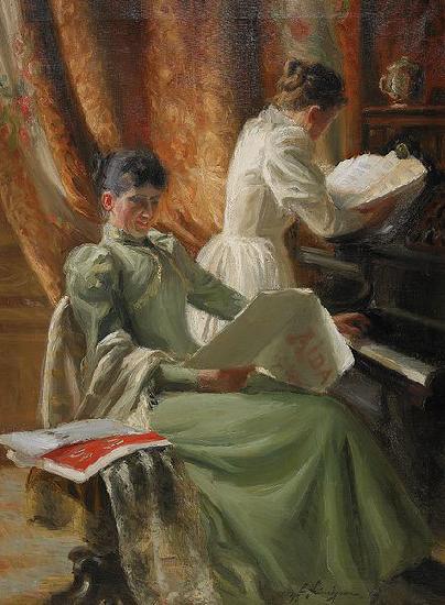 Emil Lindgren Interior med musicerande kvinnor vid pianot Sweden oil painting art